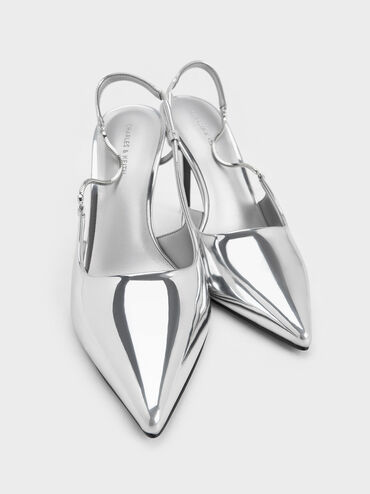 حذاء بكعب مفتوح من الخلف برأس مدبب وتفاصيل سلاسل معدنية, فضي, hi-res