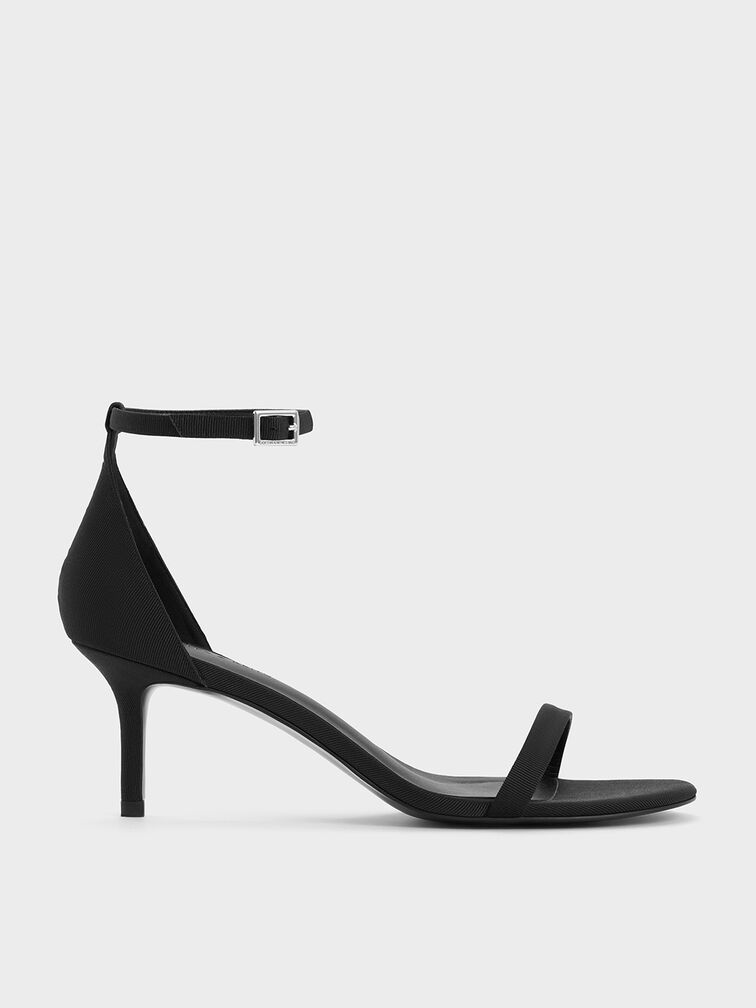 صندل من القماش المضلع بكعب رفيع وحزام حول الكاحل, أسود خشن, hi-res