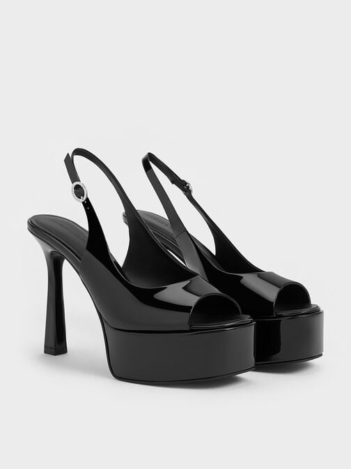 صنادل لامعة بنعل مرتفع وكعب رفيع مع فتحة أمامية, أسود براق, hi-res