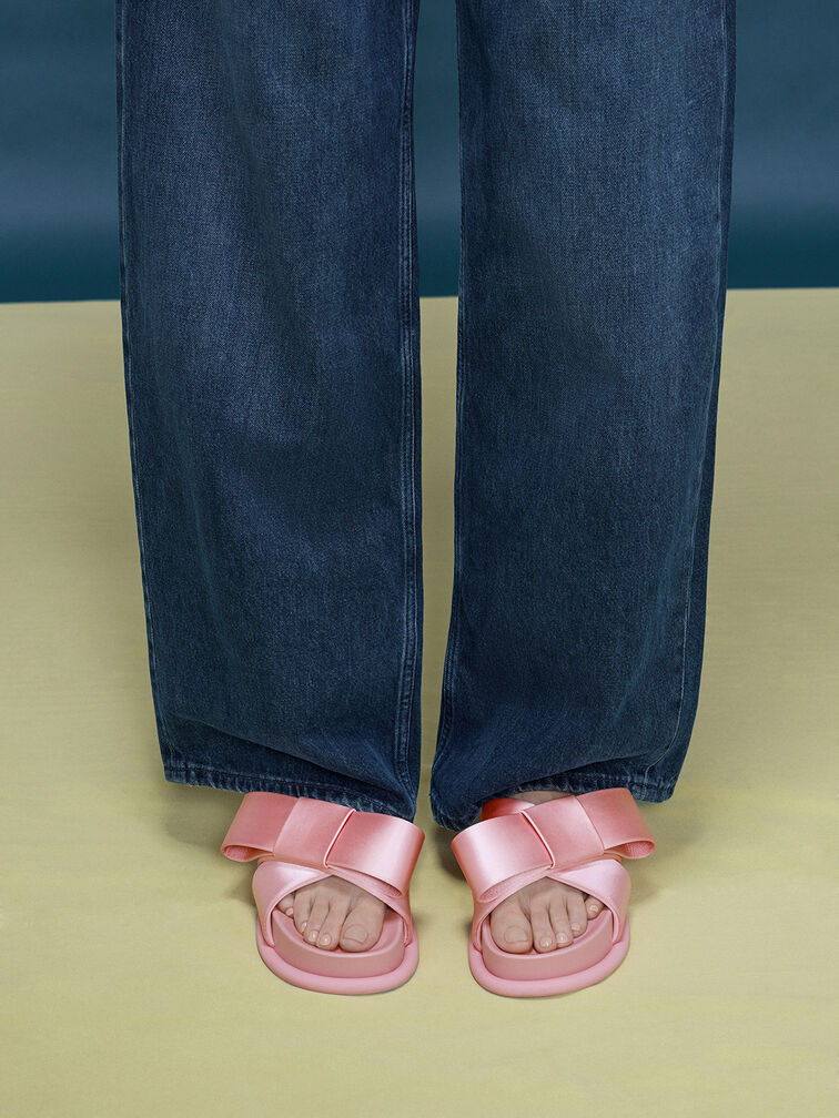 Satin Bow Flatform Sandals, Pink, hi-res