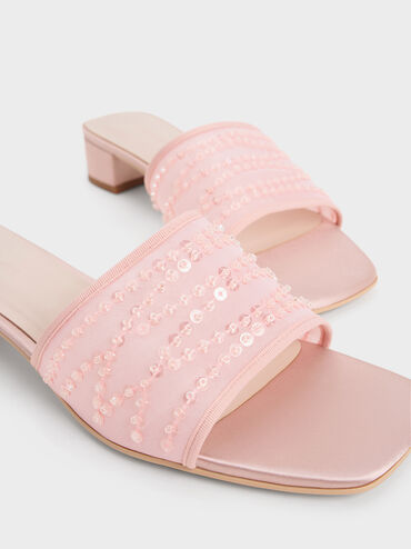 Mesh Sequinned Block-Heel Mules, Nude, hi-res