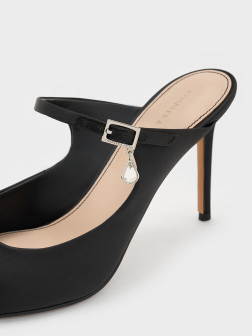 Satin Teardrop-Crystal Buckle-Strap Stiletto-Heel Mules, Black Textured, hi-res