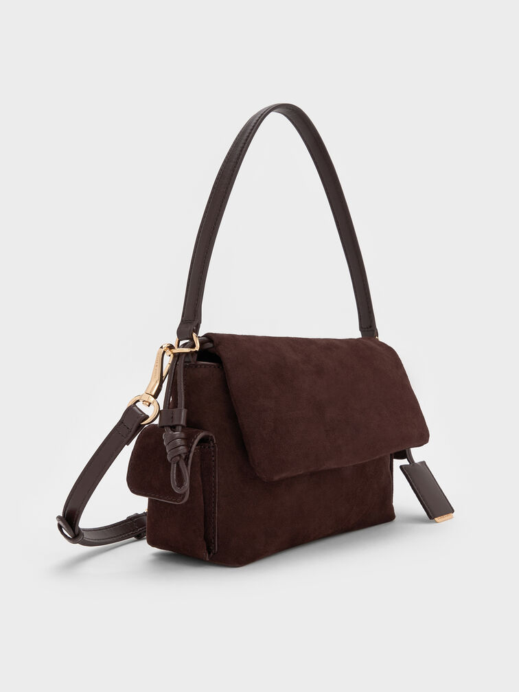 Khai Recycled Suede Ruched-Flap Side-Pocket Top Handle Bag, Espresso Brown, hi-res