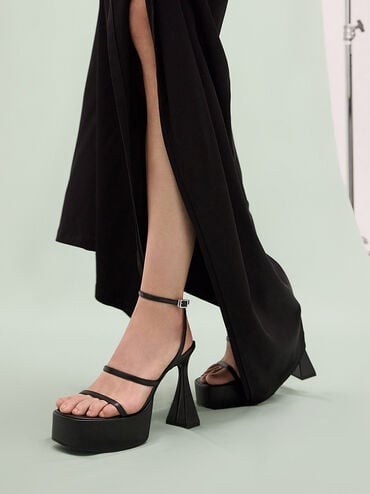 صندل بكعب بلاتفورم منحوت وأشرطة, أسود, hi-res