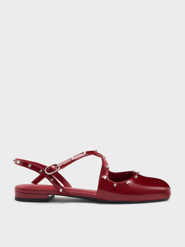 Studded Crossover Slingback Flats, Red, hi-res