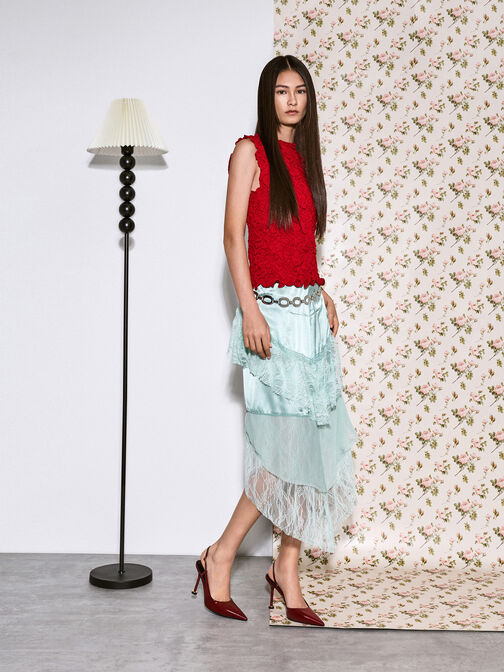 حذاء بامبس وين لامع سليجنباك بكعب منحوت ومقدمة مدببة, أحمر, hi-res