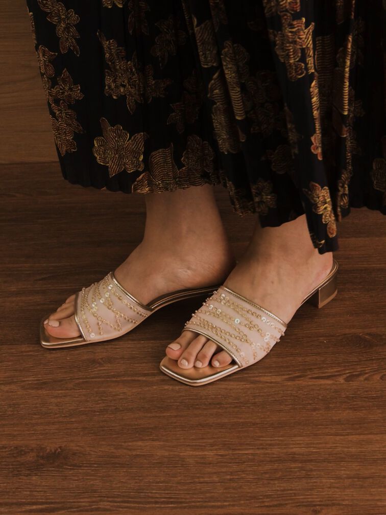 Mesh Metallic Sequinned Block-Heel Mules, Gold, hi-res