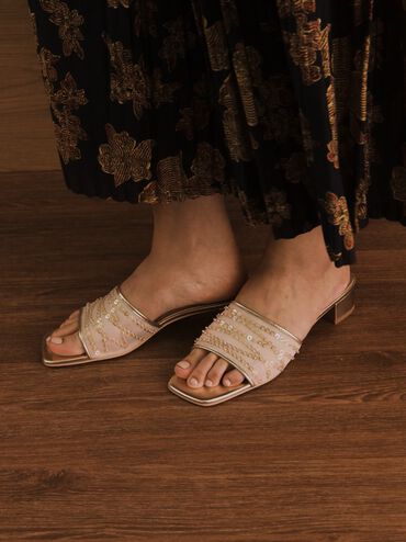 Mesh Metallic Sequinned Block-Heel Mules, Gold, hi-res