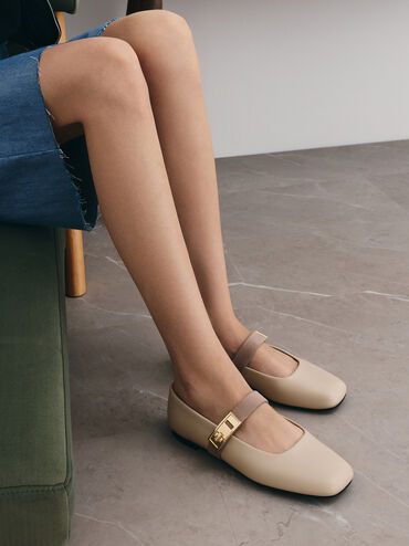 حذاء ماري جين فلات لاندو بلونين بمشبك, أبيض طباشيري, hi-res