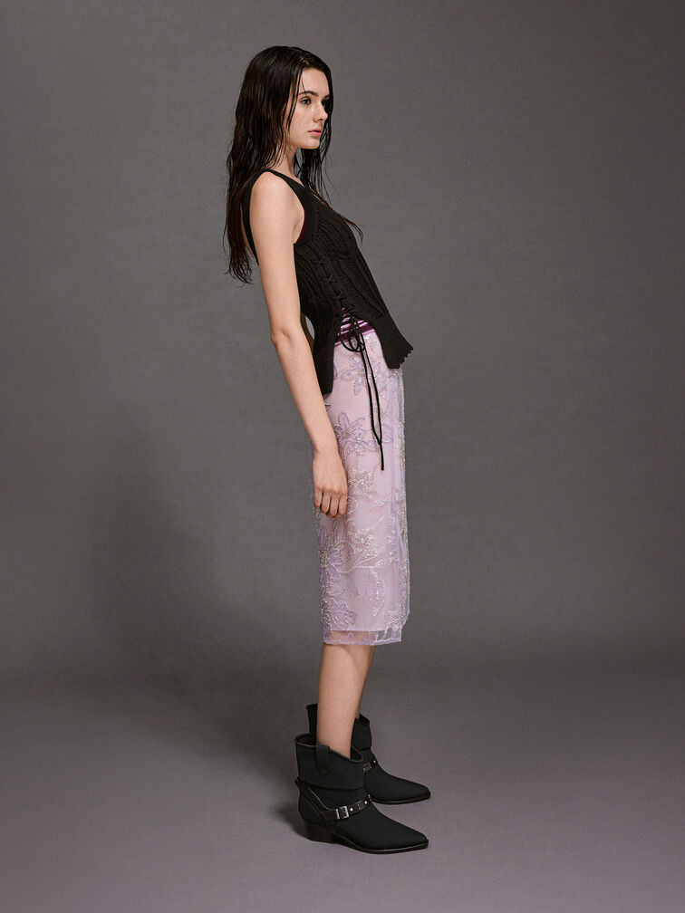 Studded-Strap Ruched Ankle Boots, Black, hi-res