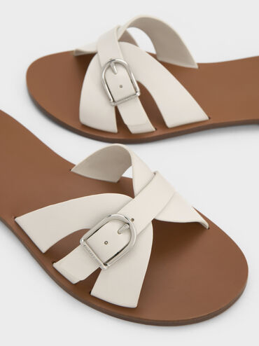 Belted Slide Sandals, White, hi-res