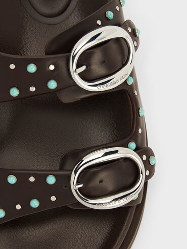 صندل سلايد مرصع بإبزيم وسيرين, بني داكن, hi-res