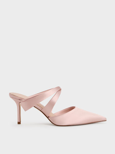Satin Pleated-Strap Heeled Mules, Pink, hi-res