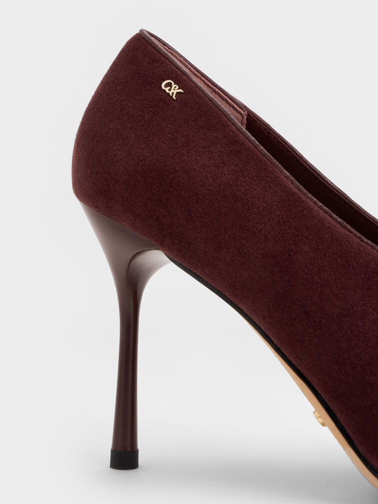 Leather & Suede Pointed Pumps, Burgundy, hi-res