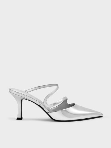 Arden Metallic Pointed Wavy Heeled Mules, Silver, hi-res