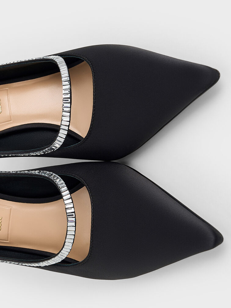 Recycled Polyester Crystal-Embellished Pointed-Toe Slingback Pumps, Black Textured, hi-res