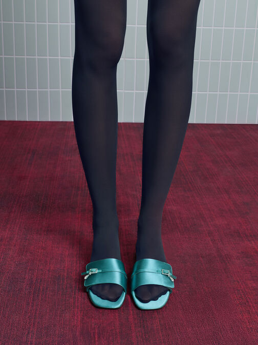 Satin Teardrop-Crystal Buckle-Strap Slide Sandals, Teal, hi-res
