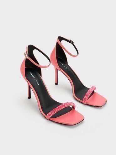 Beaded Strap Heeled Sandals, Pink, hi-res