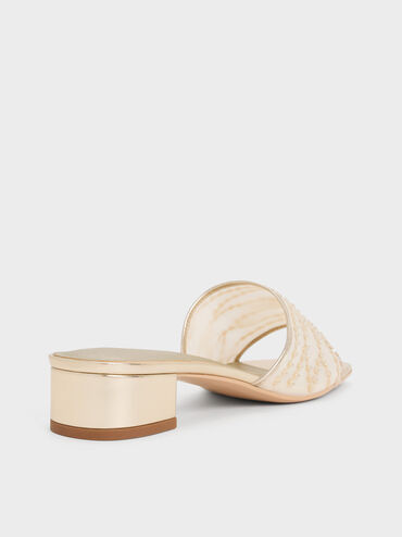 Mesh Metallic Sequinned Block-Heel Mules, Gold, hi-res