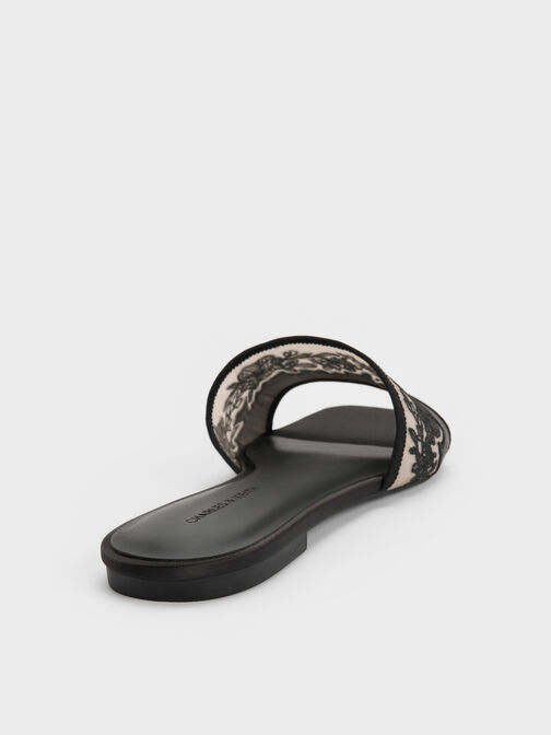 Satin Embroidered-Mesh Slide Sandals, Black Textured, hi-res
