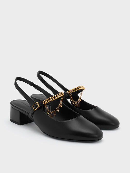 Double-Chain Charm Mary Jane Slingback Pumps, Black, hi-res