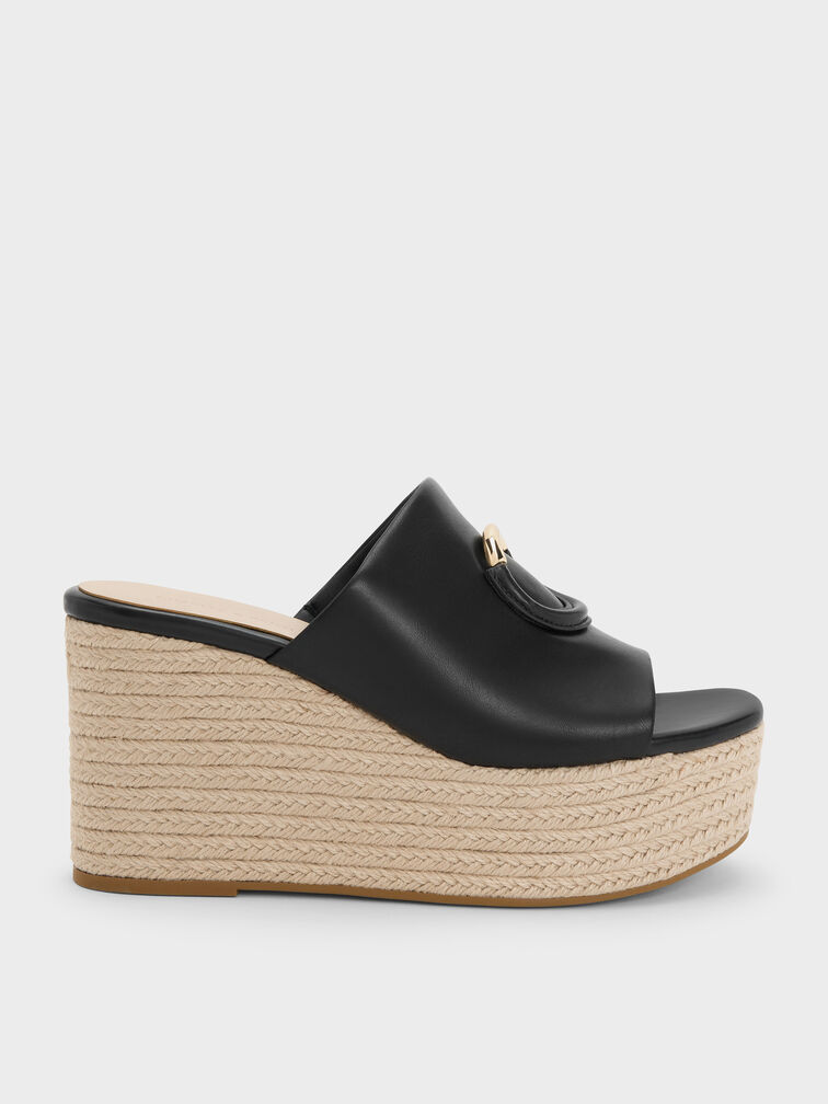 Metallic-Accent Espadrille Wedges, Black, hi-res