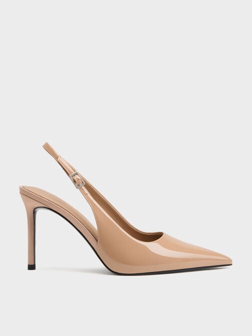 Patent Pointed Slingback Pumps, Nude, hi-res