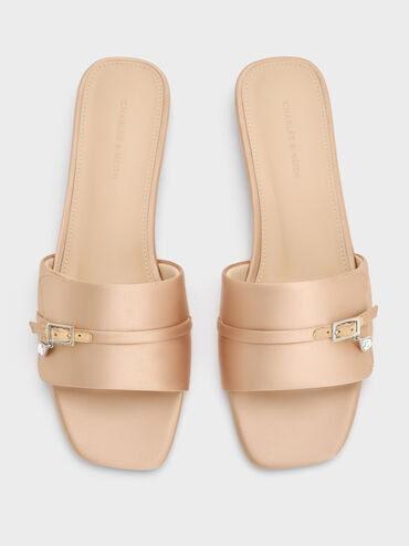 Satin Teardrop-Crystal Buckle-Strap Slide Sandals, Gold, hi-res