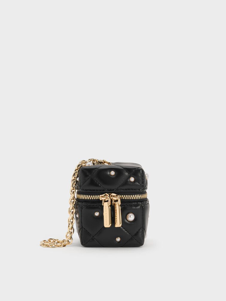 حقيبة مايكرو جيني مبطنة مزينة باللؤلؤ بمقبض سلسلة, أسود, hi-res