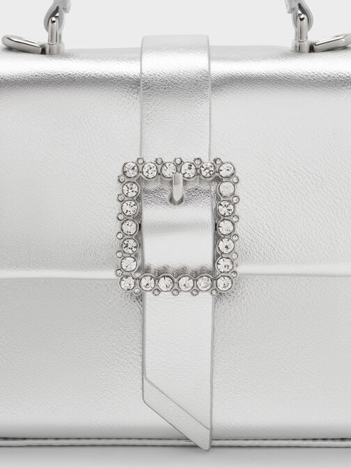 Metallic Crystal-Buckle Belted Top Handle Bag, Silver, hi-res