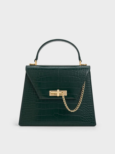 Samantha Croc-Effect Envelope Top Handle Bag, Dark Green, hi-res