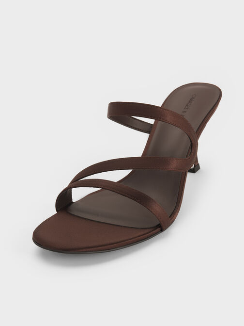 Arden Satin Wavy Heeled Mules, Dark Brown Textured, hi-res
