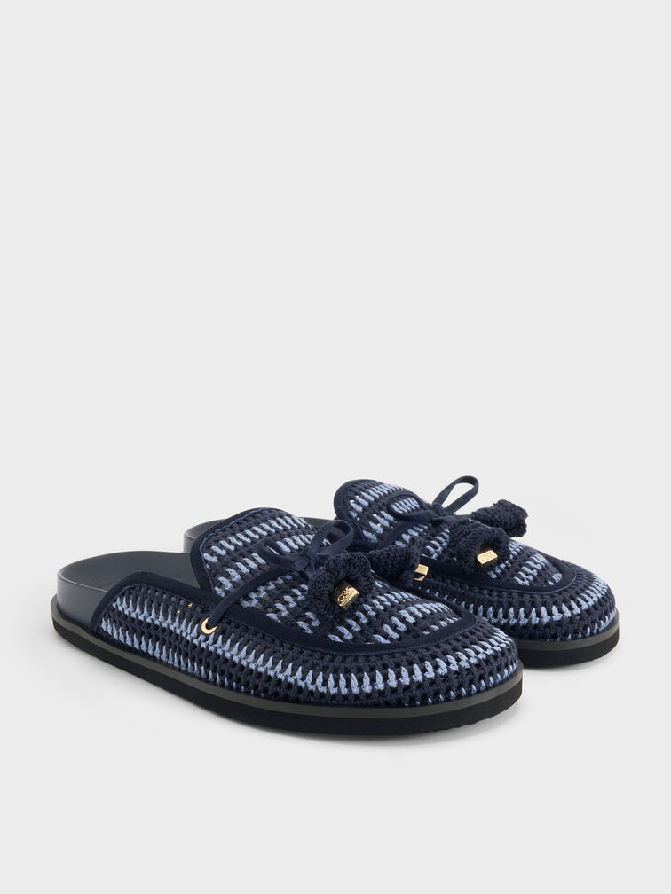 Crochet & Suede Flower Mules, Blue, hi-res