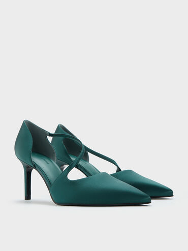 Satin Asymmetric D'Orsay Pumps, Teal, hi-res