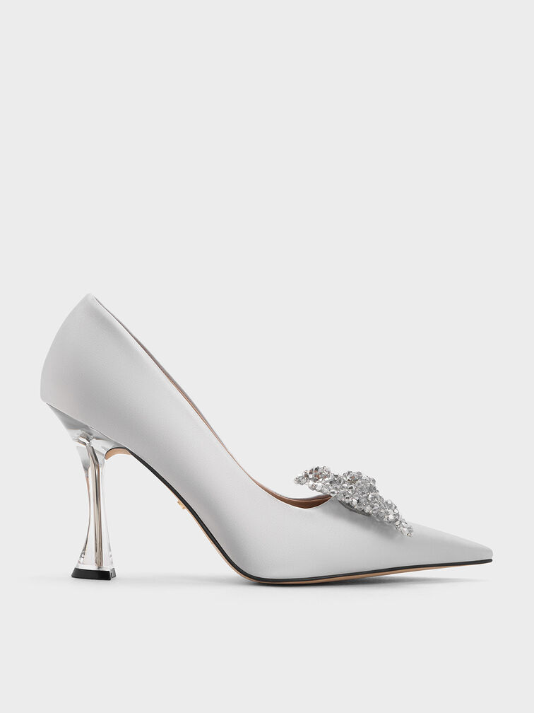 Beaded Bow Pumps, Silver, hi-res