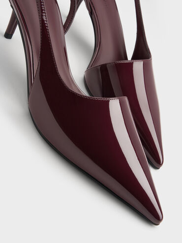 حذاء مفتوح من الخلف بكعب ستليتو أنيق ومقدمة مدببة لون لامع, برغندي, hi-res