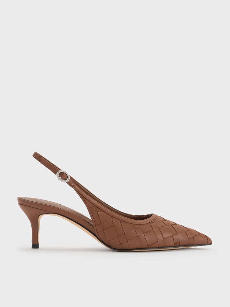 Ivette Woven Pointed-Toe Slingback Pumps, Caramel, hi-res