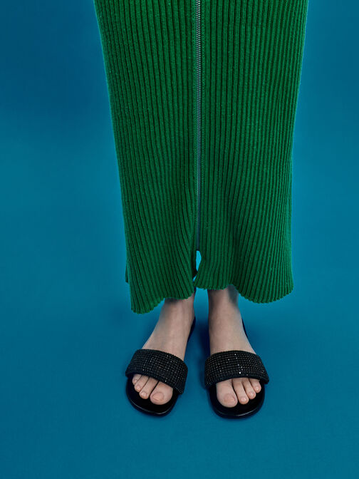 صندل شامواه صناعي مزين بالكريستال, أسود خشن, hi-res