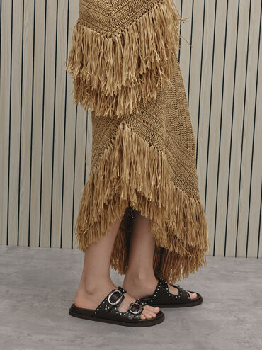 صندل سلايد مرصع بإبزيم وسيرين, بني داكن, hi-res