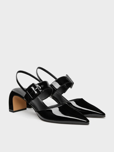 أحذية بكعب عالٍ مدبب مزين بإبزيم حاصل على براءة اختراع, أسود براق, hi-res