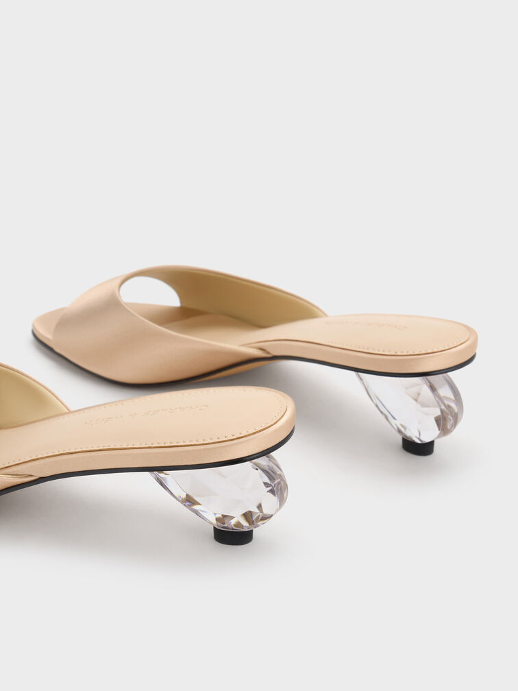Satin Crystal-Heel Mules, Gold, hi-res