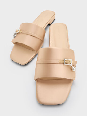 Satin Teardrop-Crystal Buckle-Strap Slide Sandals, Gold, hi-res