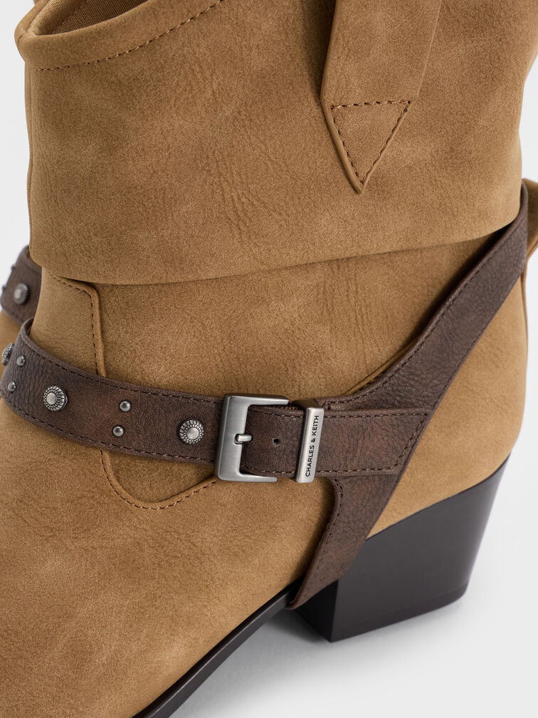 Faux Suede Studded-Strap Ruched Ankle Boots, Sand, hi-res