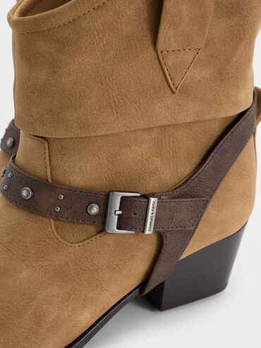 Faux Suede Studded-Strap Ruched Ankle Boots, Sand, hi-res