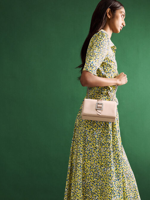 Satin Crystal-Buckle Belted Chain-Handle Bag, Sunset Nude, hi-res