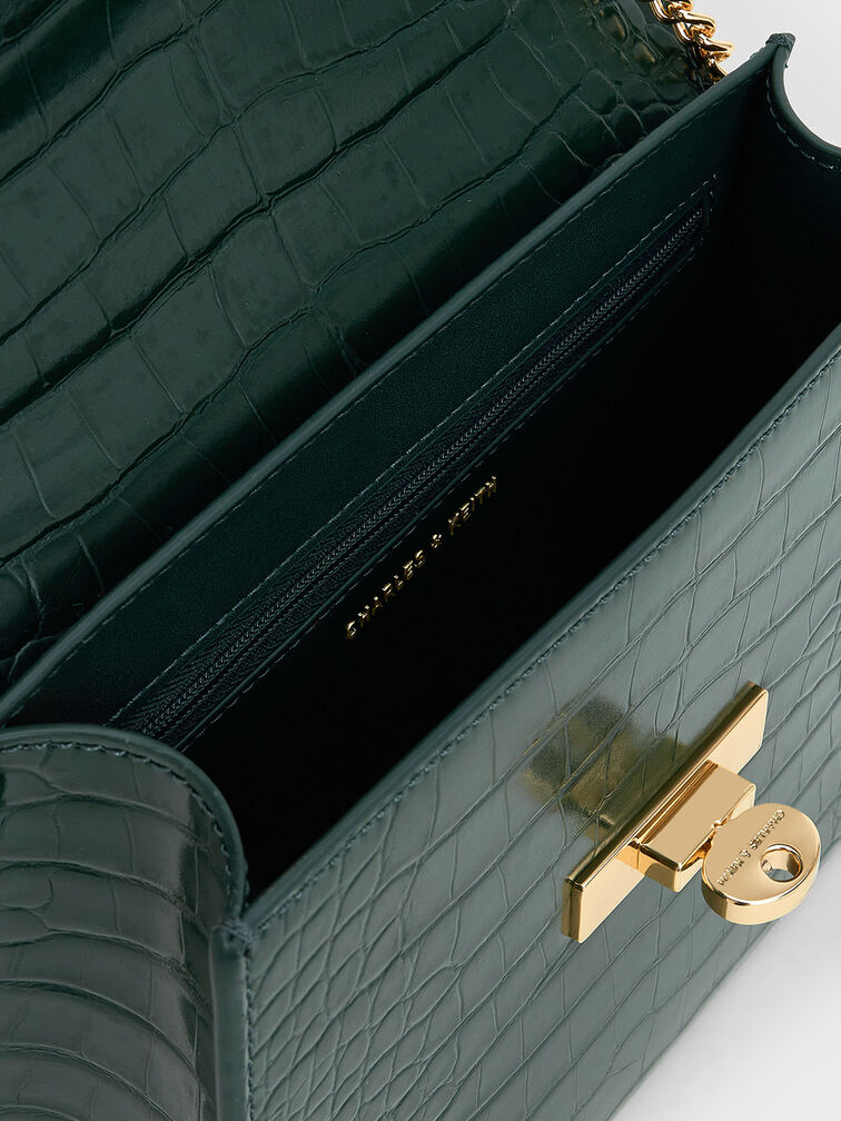 Samantha Croc-Effect Envelope Top Handle Bag, Dark Green, hi-res