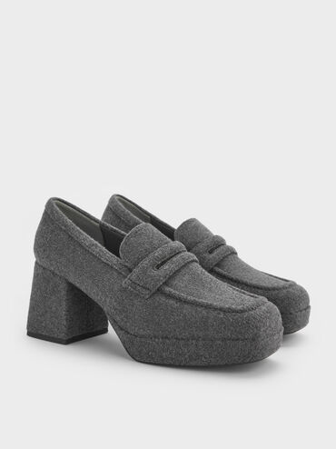 Felt Platform Penny Loafer Pumps, Grey, hi-res