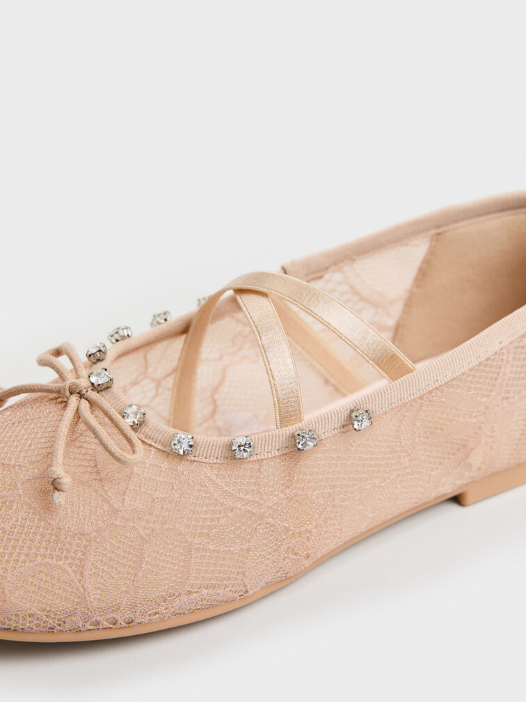 Girls' Lace Crystal Crossover Ballet Flats, Nude, hi-res