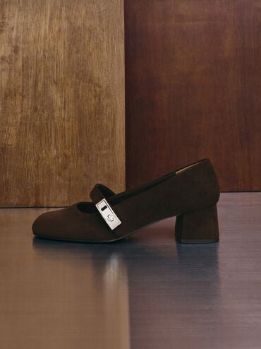 حذاء ماري جين لاندو شمواه صناعي بمشبك, بني محبّب غامق, hi-res