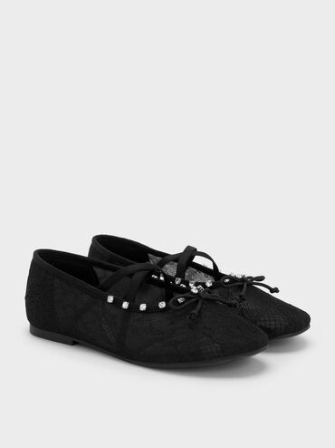 Girls' Lace Crystal Crossover Ballet Flats, Black Textured, hi-res